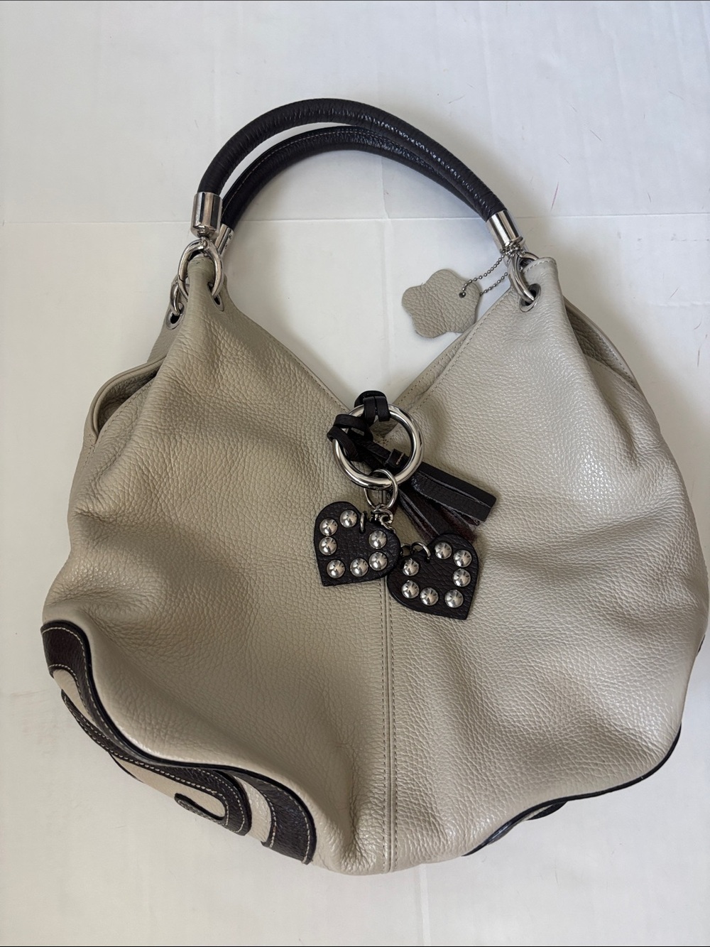Pebbled Light Taupe Leather Hobo Shoulder Bag with Studded Heart Charms